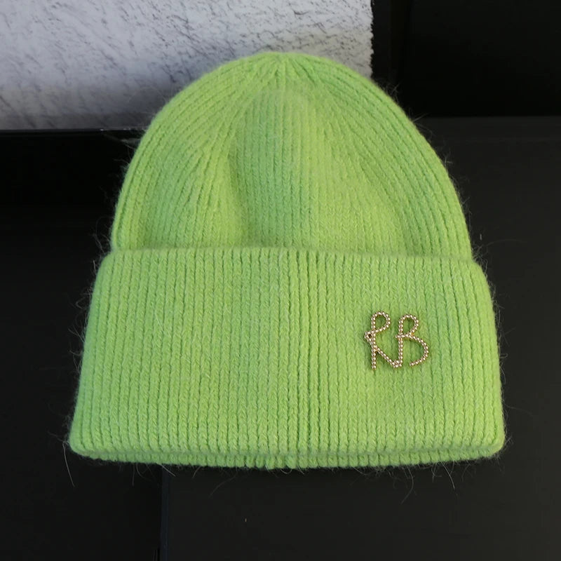 Letter Fluffy Angora Fur Beanies Winter Hat for Woman Luxury Fluffy Knited Hat Bonnet Lady Autumn Winter Warm Skullies Cap