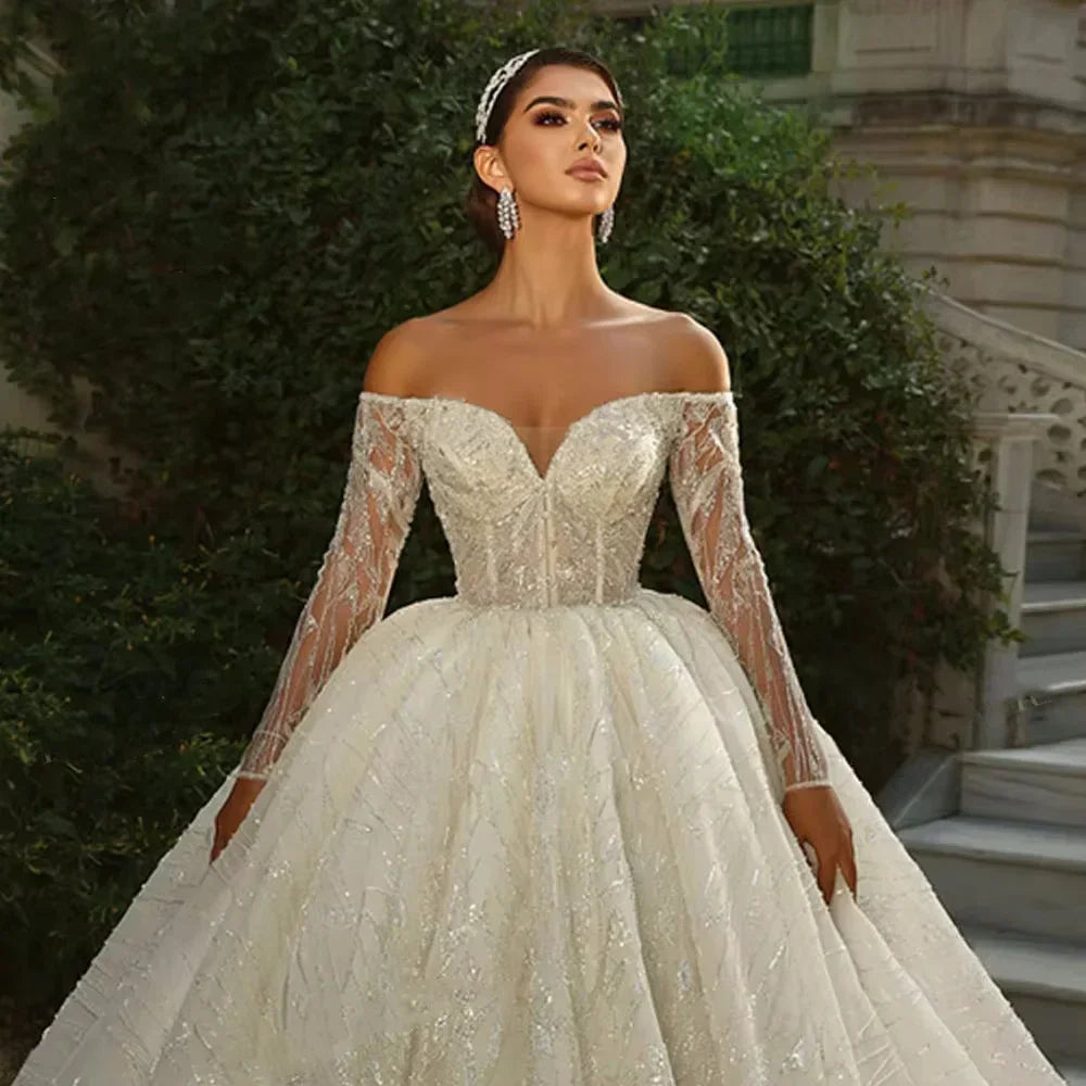 Wedding Dresses Ball Gowns Sequins Beading Lace Bridal Dresses Off Shoulder Long Sleeves Train Vestidos De Noiva Customized