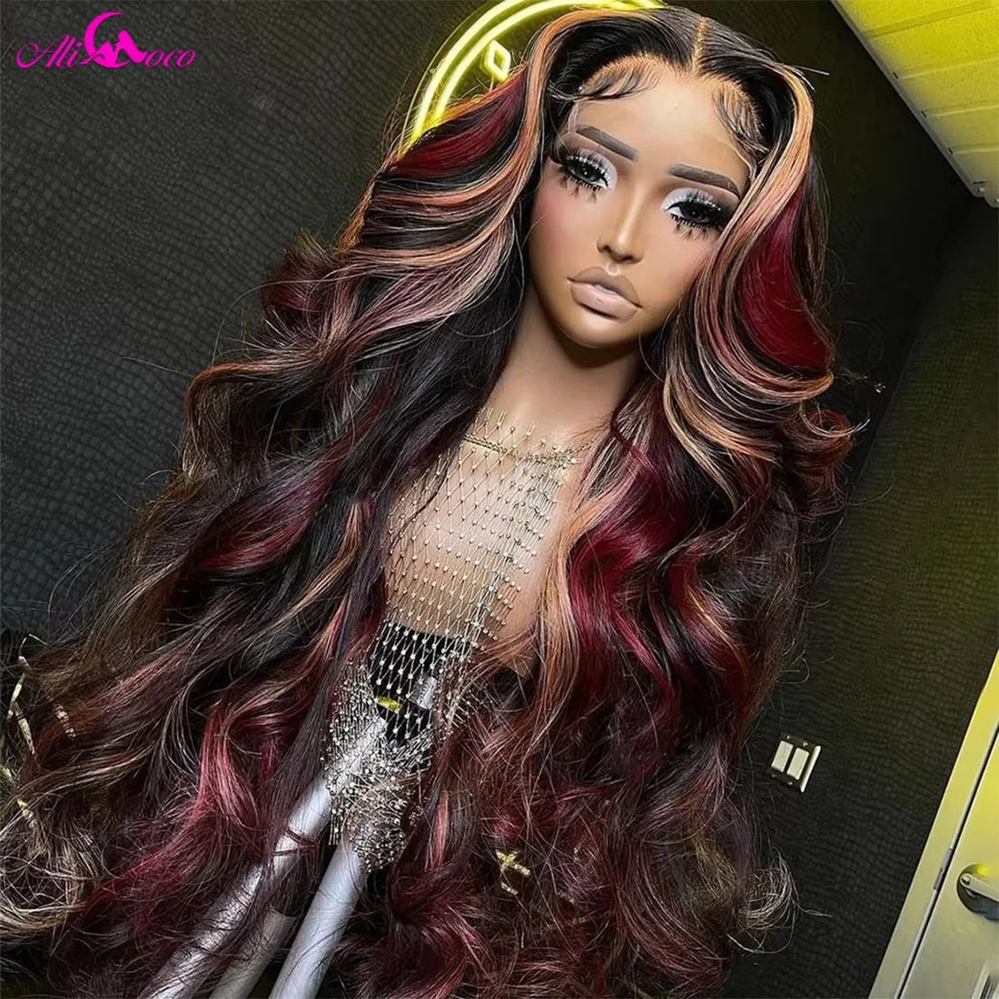Black Red Blonde Highlight Wig180% Density Blonde Red Highlights 13X4 HD Lace Front Glueless Balayage Wigs Human Hair for Women