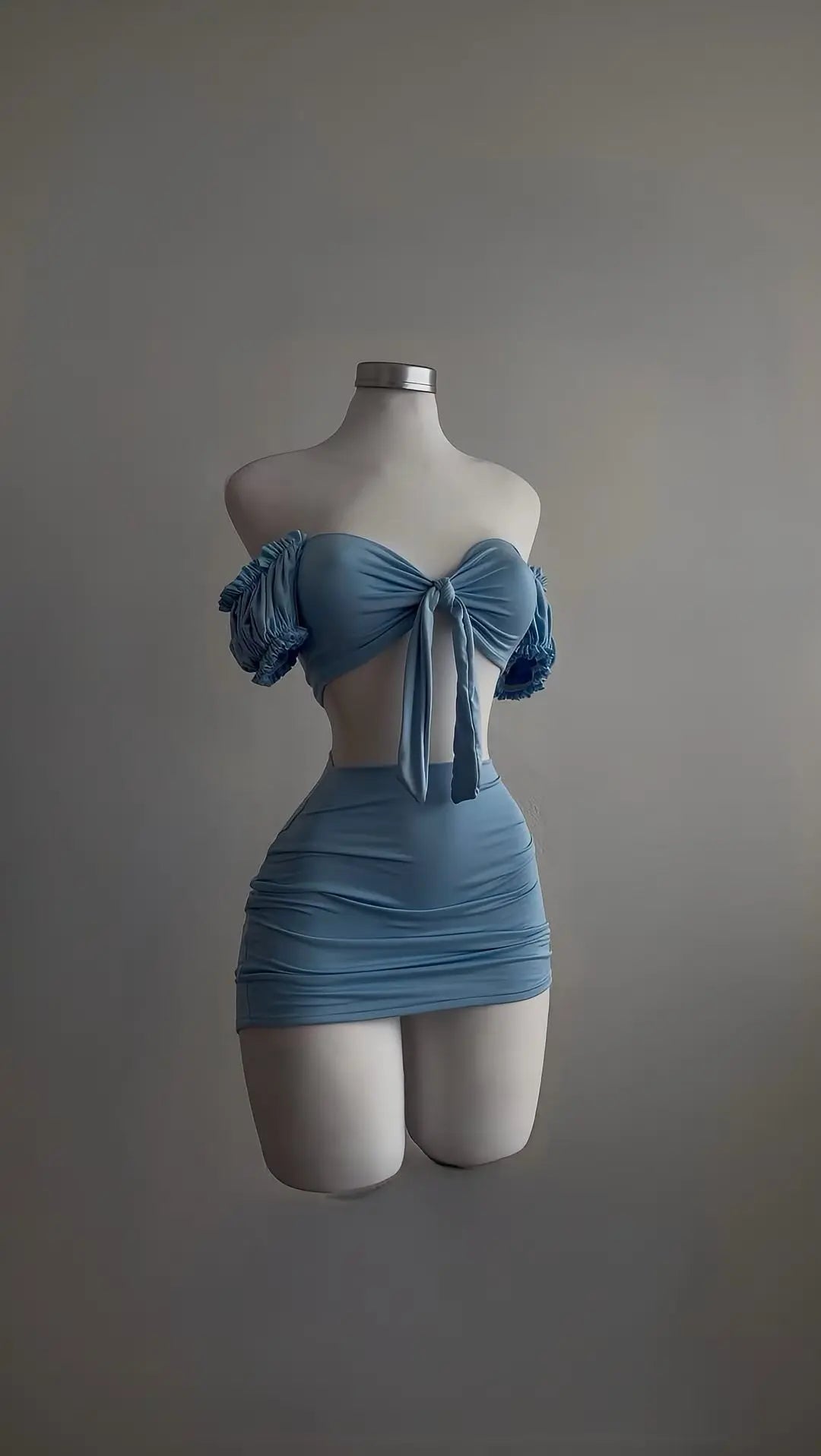 A sexy and fashionable two-piece short skirt with hollowed-out pleated puffed sleeves that wraps the hips