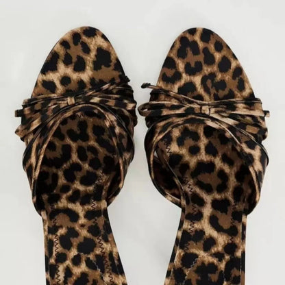 2025 New European and American High Quality Women Shoes Bow Knot Leopard Print High Heel Slippers Women Slippers