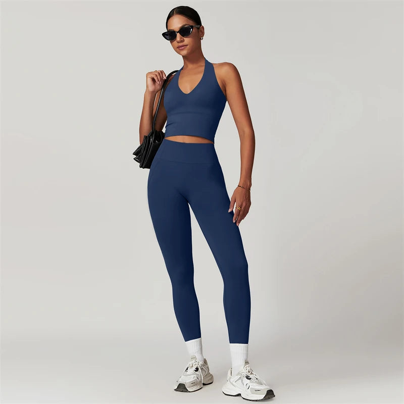 2 Pieces Women Yoga Set Workout Sportswear Gym Clothing Fitness Short Sleeve Crop Top High Waist Leggings Sport Suits
