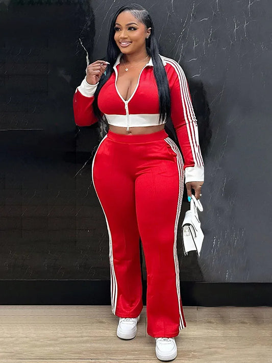 Doyerl Sporty Casual Tracksuit Women Two Piece Sets Striped Long Sleeve Zipper Cropped Jacket Top and Sweatpants Jogging Femme