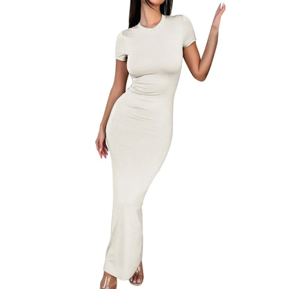 Sexy Skinny Women's Bodycon Party Dress Fashion O-neck Short Sleeve Solid Color Wraped Hip Package Long Dress Female Sexy Dress