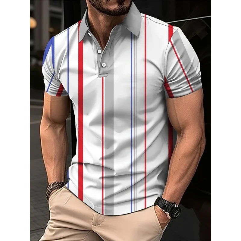 3D Print Stripes Color Block Polo Shirt For Men Colorful Pattern T-Shirts Summer Loose Street Lapel Top Button Short Sleeve Tees