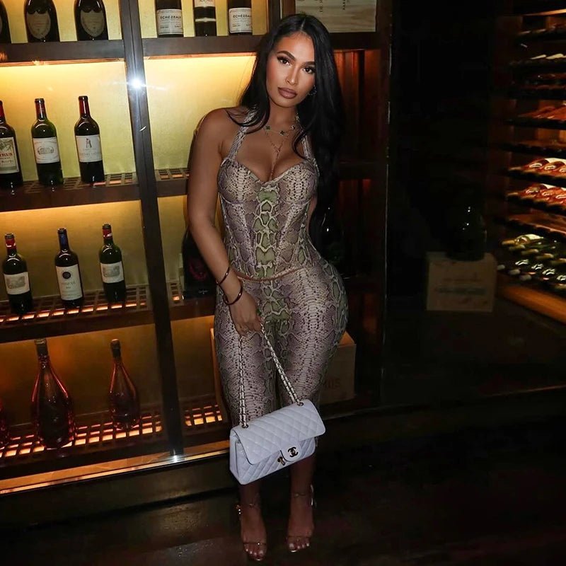 CUTENOVA Fall New Arrival Women Snake Print Hanging Neck  Sleeveless Tank Top & Slim-Fit Seven Points Pants Set Street Chic Suit