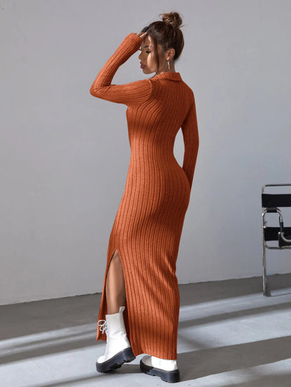Long knitted fitted lapel pit strip tight long-sleeved dress for autumn/Winter 2025