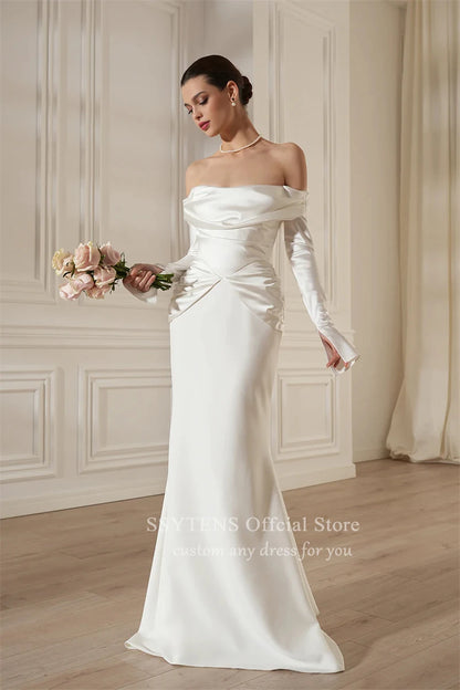 Charming Wedding Dresses Satin Off The Shoulder Weddings Bridal Gowns Long Sleeves Reception Dress Minimalist Civil Bride Gown