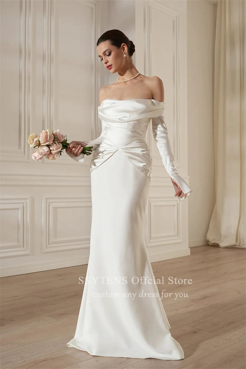 Charming Wedding Dresses Satin Off The Shoulder Weddings Bridal Gowns Long Sleeves Reception Dress Minimalist Civil Bride Gown