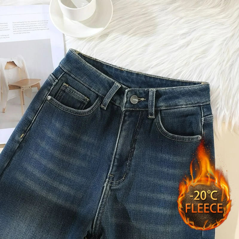 Woman High Waist Fashion Thermal Wide Leg Jeans Female Y2k Clothes Baggy Pants Girl Autumn Winter Snow Versatile Denim Trousers