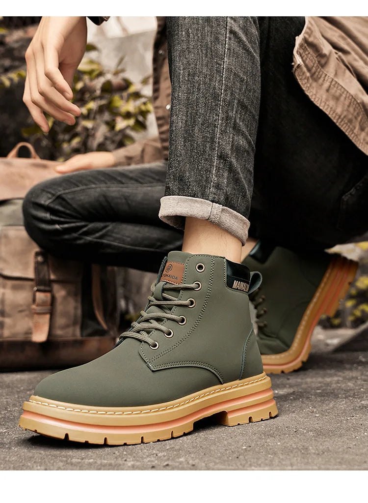 Classic Men High Top Boots High Quality Yellow Leather Boots Fashion Outdoor Sneakers Men Lace Up Non-Slip Ankle Boots for Men