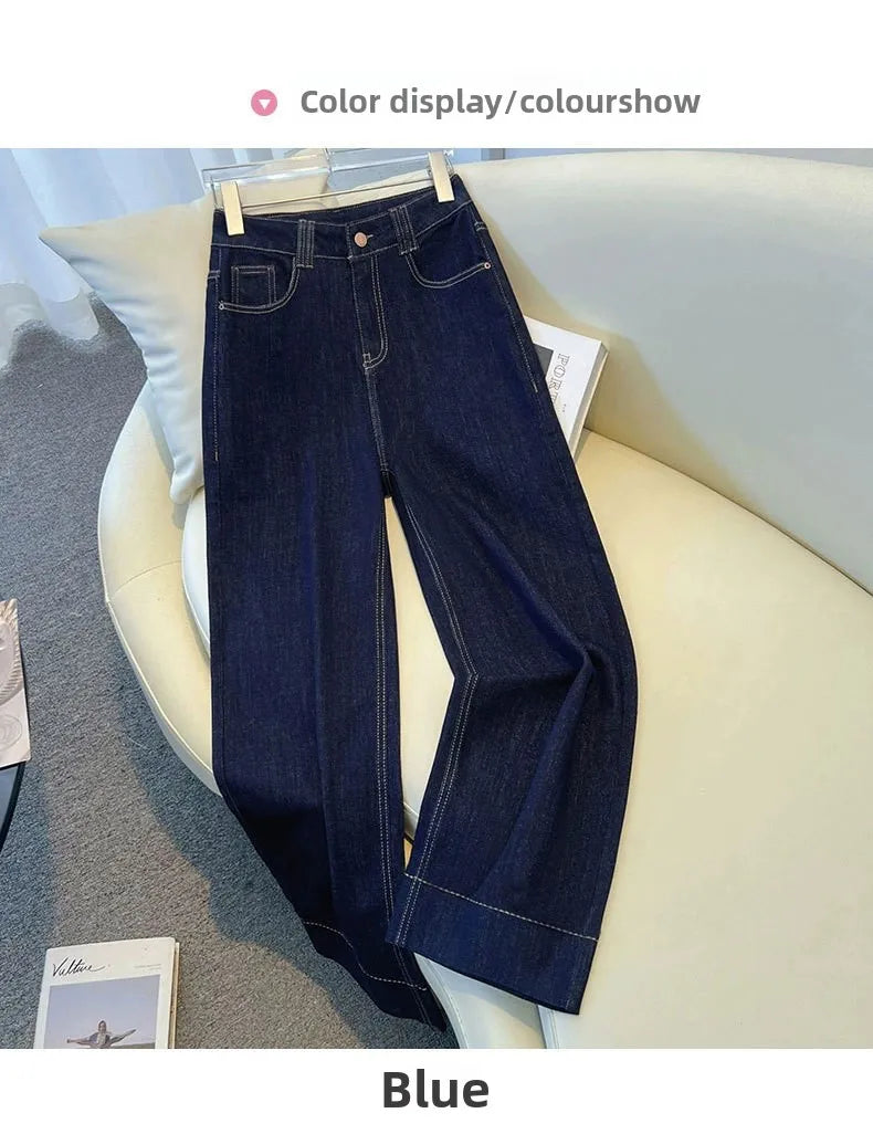 Female Trousers Women Button Zipper Closure Pockets Cozy Lady Pants Stylish Navy Blue Denim High Waisted Wide Leg Casual Jeans