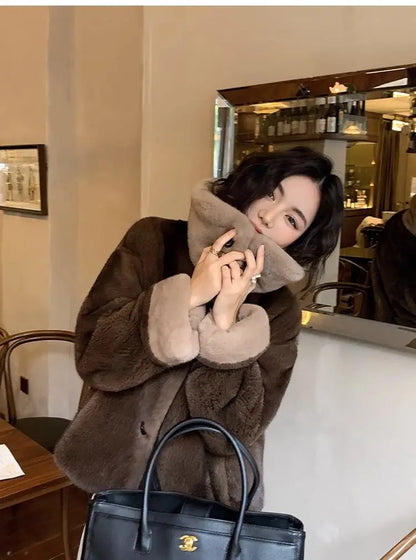 2025 New Coffee Colored Faux Mink Fur Spliced Lapel Fur Coat for Women Young and Loose