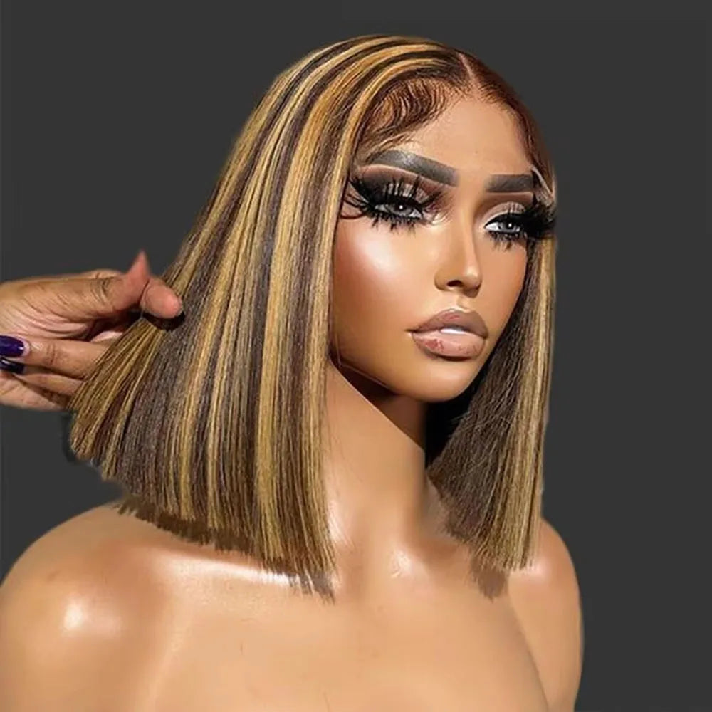 Straight Short Bob Wig P4/27 Highlight 13x4 Transparent Lace Frontal Wig 100% Brazilian Human Hair Wig 180 Density For Women