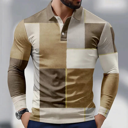 Men's Color Block Long Sleeve Polo Shirt Breathable Casual Top Slim Fit Quick Dry Classic Collar Multi Colors Men Clothing