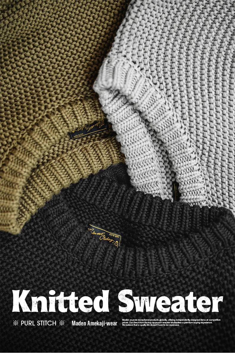 Maden Retro Heavyweight Knitted Sweater Loose Round Neck Pullover Warm Versatile Base Layer Knitwear for Men's Autumn and Winter