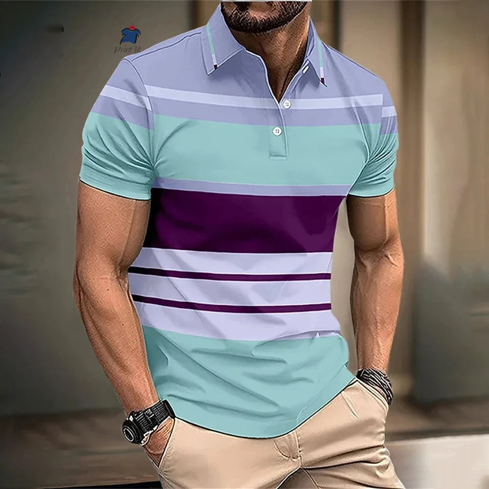 New Summer Striped Patchwork Striped Men's Polo T-shirt Fashion Lapel Button Sports Trend Street Wear Short Sleeve Top Men Shirt