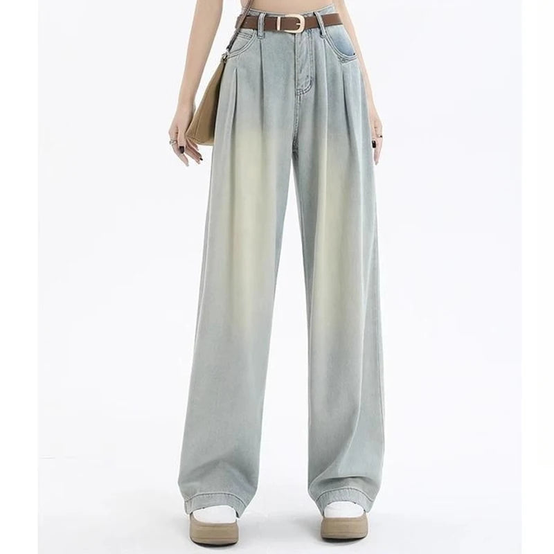 Woman High Waist Straight Leg Jeans Lady Loose Denim Wide Leg Pants Girls Korean Khaki Retro Blue Light Blue Gray White Trousers