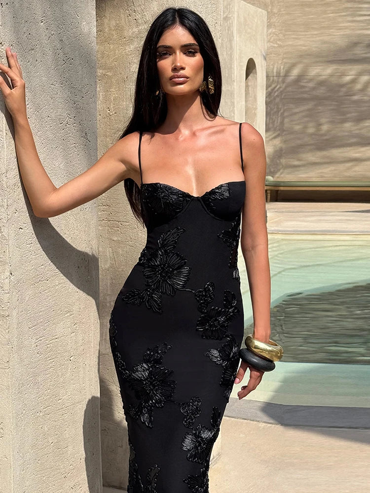 Nibber Elegant Flower Embroidery Maxi Dress Women Low-Neck Cross Bandage Backless Summer Street Trend Skinny Holiday Vestidos