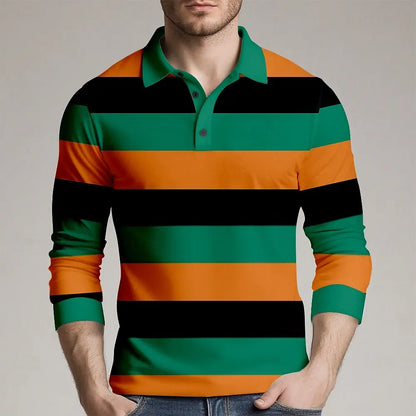 2025 Fashion Men's Stripes Long Sleeve Polo Shirt Breathable Business Casual Top Slim Fit Quick Dry Classic Collar Multi Colors