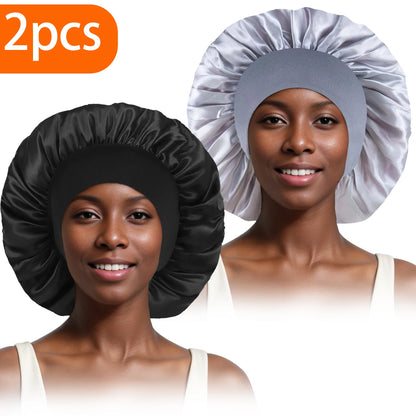 2pcs Women's Fashion Bonnet Large Wide Edge Elastic Hat Casual Silk Smooth Tint Suitable for Curled Straight Hair Sleeping Hat