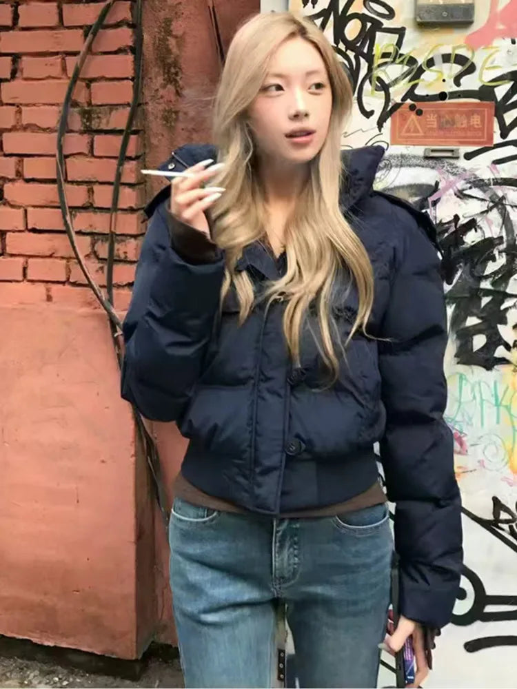 Autumn Winter Fur Hooded Jacket Women Outerwear Thick Dowon Cotton Padded Slim Short Parkas Female Cropped Puffer Bubble Coat