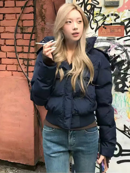 Autumn Winter Fur Hooded Jacket Women Outerwear Thick Dowon Cotton Padded Slim Short Parkas Female Cropped Puffer Bubble Coat