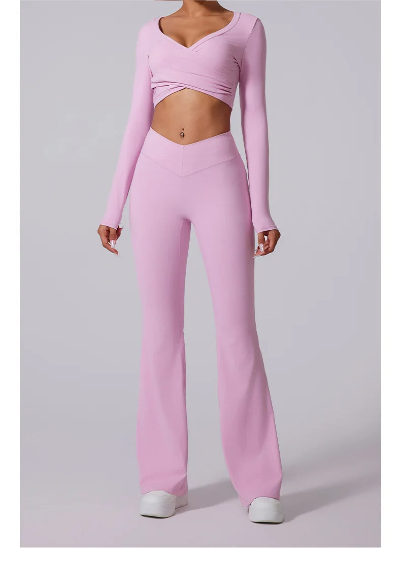 2 Pieces Wrap Front Gym Fitness Suit Women Long Sleeve Legging Workout Yoga Set Sports Bra Short Sports Clothes Tracksuit Female