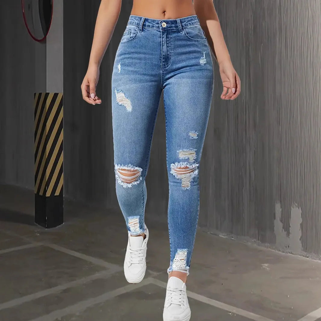 Fashion Skinny Hole Jeans Women 2026 Autumn Stretchy High Waisted Ripped Slim Retro Solid Color Denim Trousers Pants