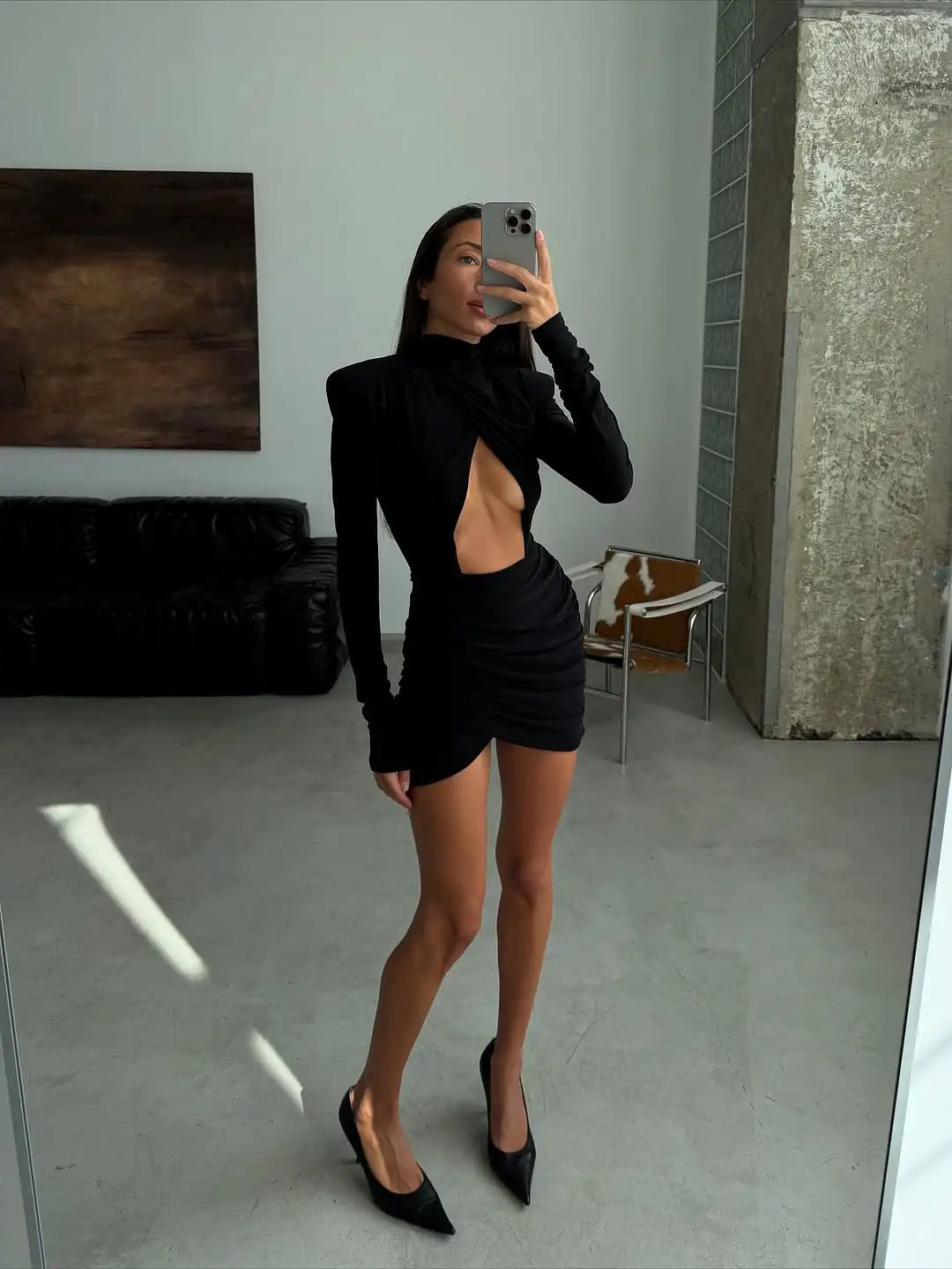 Sexy Hollow-out Pleated Mini Dress Women Fashion Solid Half High Collar Long Sleeve Slim Dresses 2025 Lady Party Club Robes