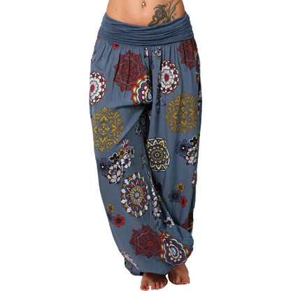 Summer Women's Fashion Floral Print Long Wide Leg Pants  Elastic Waist Haren Pants Casual Pants Haren Pants