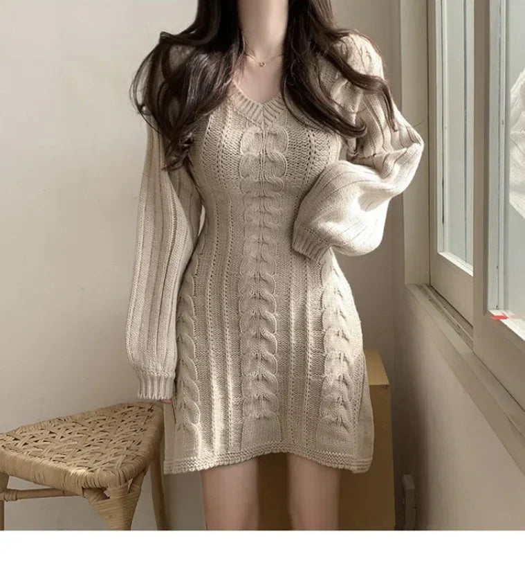 Korean Chic Autumn Gentle V-neck Linen Pattern Design Slimming Long Sleeve A- line Knitted Dress High Collar Ankle-length Dress