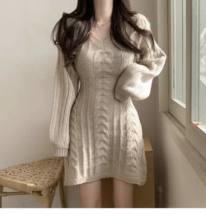 Korean Chic Autumn Gentle V-neck Linen Pattern Design Slimming Long Sleeve A- line Knitted Dress High Collar Ankle-length Dress