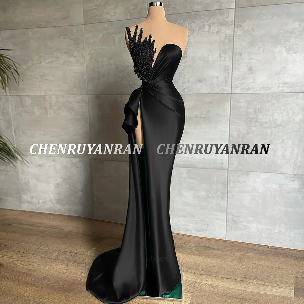 Green Evening Dresses 2025&2026 Sweetheart Sequin Beaded Long Satin Formal Party Dress Pleat Side Split Sexy Zipper Simple Prom Gowns