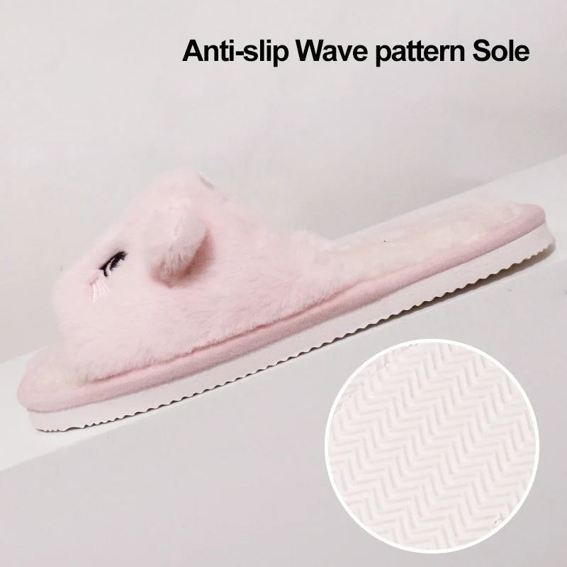 Cute Cartoon Cat Home Slippers for Women Open Toe Non Slip Wave Sole Faux Fur Slides Woman Autumn Winter Plush Indoor Slippers