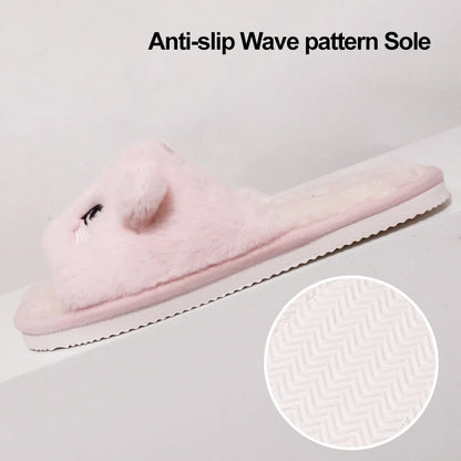 Cute Cartoon Cat Home Slippers for Women Open Toe Non Slip Wave Sole Faux Fur Slides Woman Autumn Winter Plush Indoor Slippers