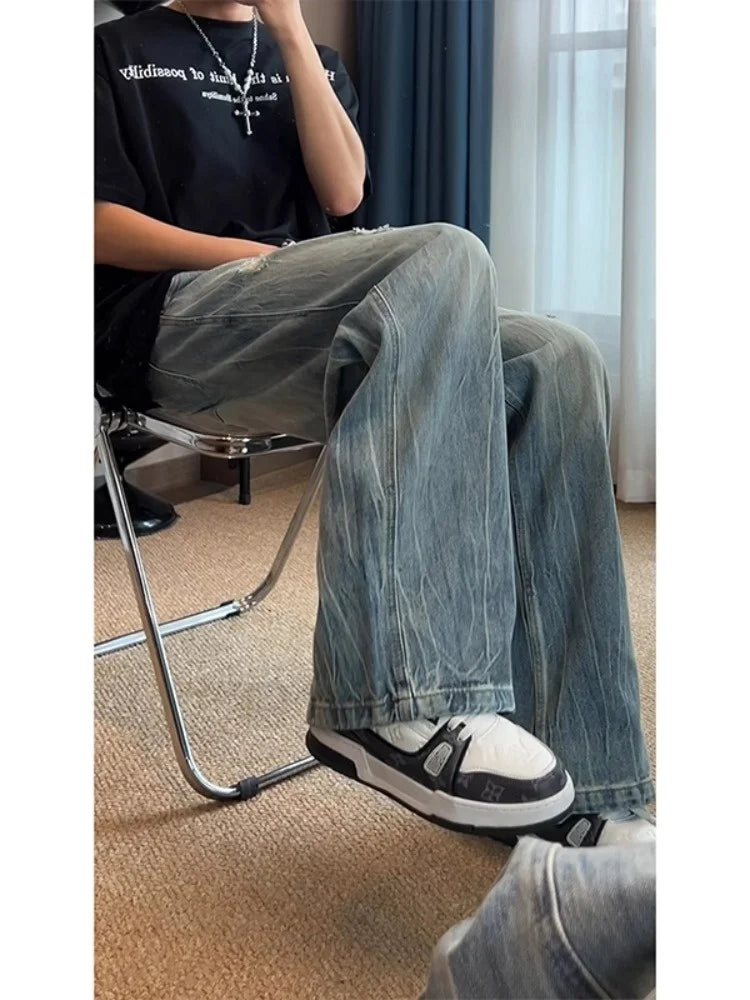 American Lightning Texture Ripped Denim Jeans Straight Leg Wide Leg Loose Fit Casual Summer Jeans for Men And Women