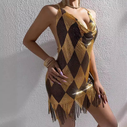 Sexy Backless Dresses For Woman Argyle Sequined Mini Dress Chain Strap Outwear V-Neck Sleeveless Summer Trendy Club Party Outfit