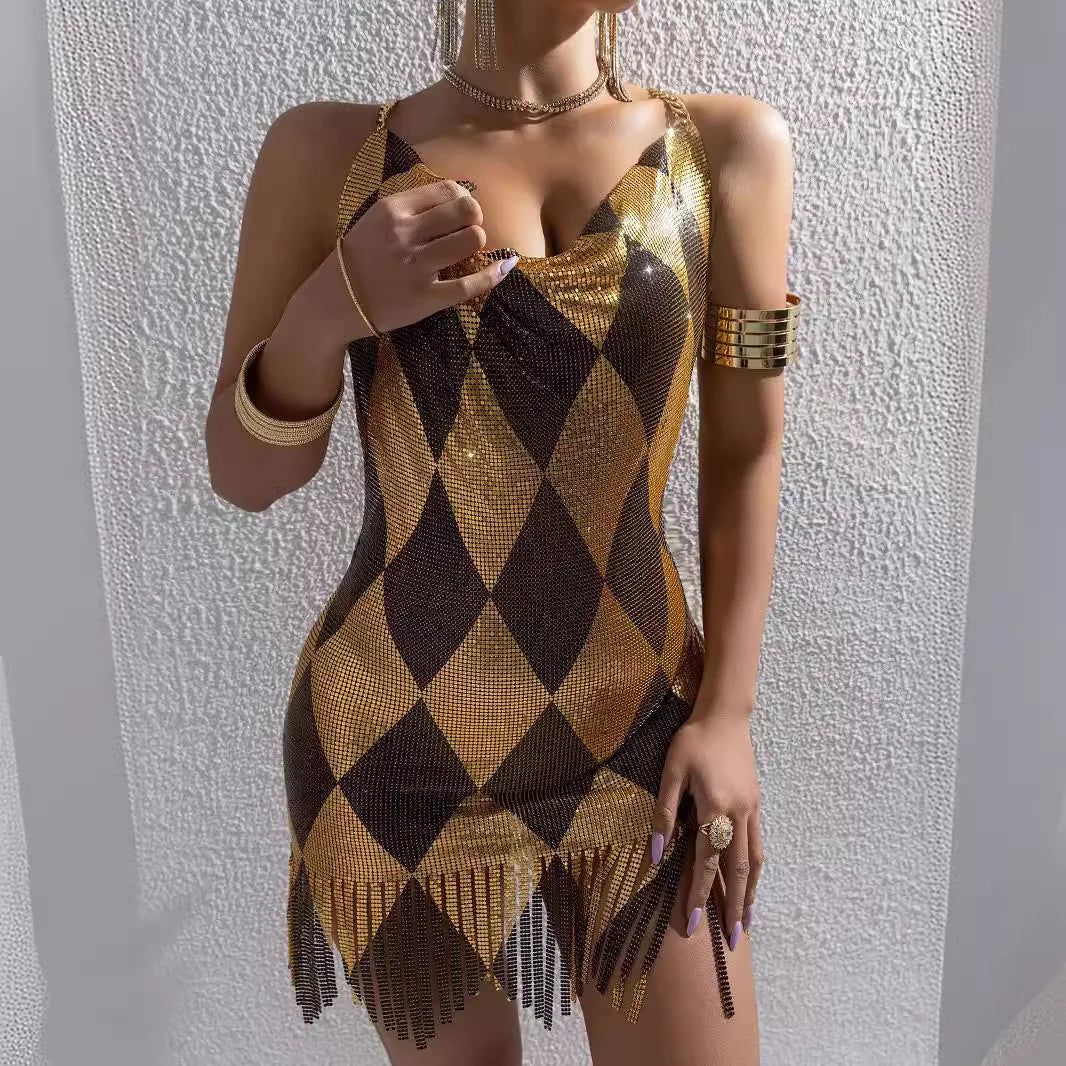 Sexy Backless Dresses For Woman Argyle Sequined Mini Dress Chain Strap Outwear V-Neck Sleeveless Summer Trendy Club Party Outfit