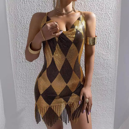 Sexy Backless Dresses For Woman Argyle Sequined Mini Dress Chain Strap Outwear V-Neck Sleeveless Summer Trendy Club Party Outfit