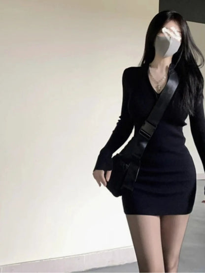 2025 Minimalist Black Ribbed Knit Dress, Half - Zip Long - Sleeve Bodycon Dress, Women's Daily Elegant Wear
