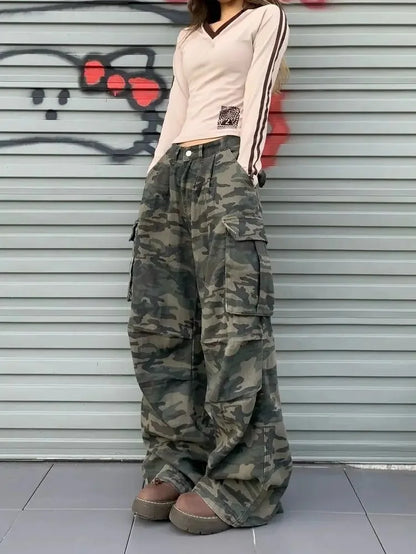 Vintage Women's Jeans Loose-Fit Slimming Casual Wide-Leg Trousers American Style Streetwear Denim Cargo Pants