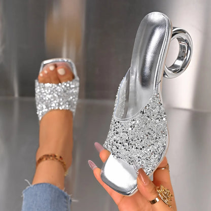 Elegant Pointed Toe High Heels Slippers Women Summer Fashion Clear Crystal Heel Sandals Woman Shiny Sequins Banquet Party Shoes