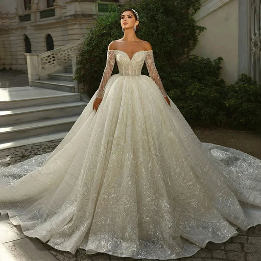 Wedding Dresses Ball Gowns Sequins Beading Lace Bridal Dresses Off Shoulder Long Sleeves Train Vestidos De Noiva Customized