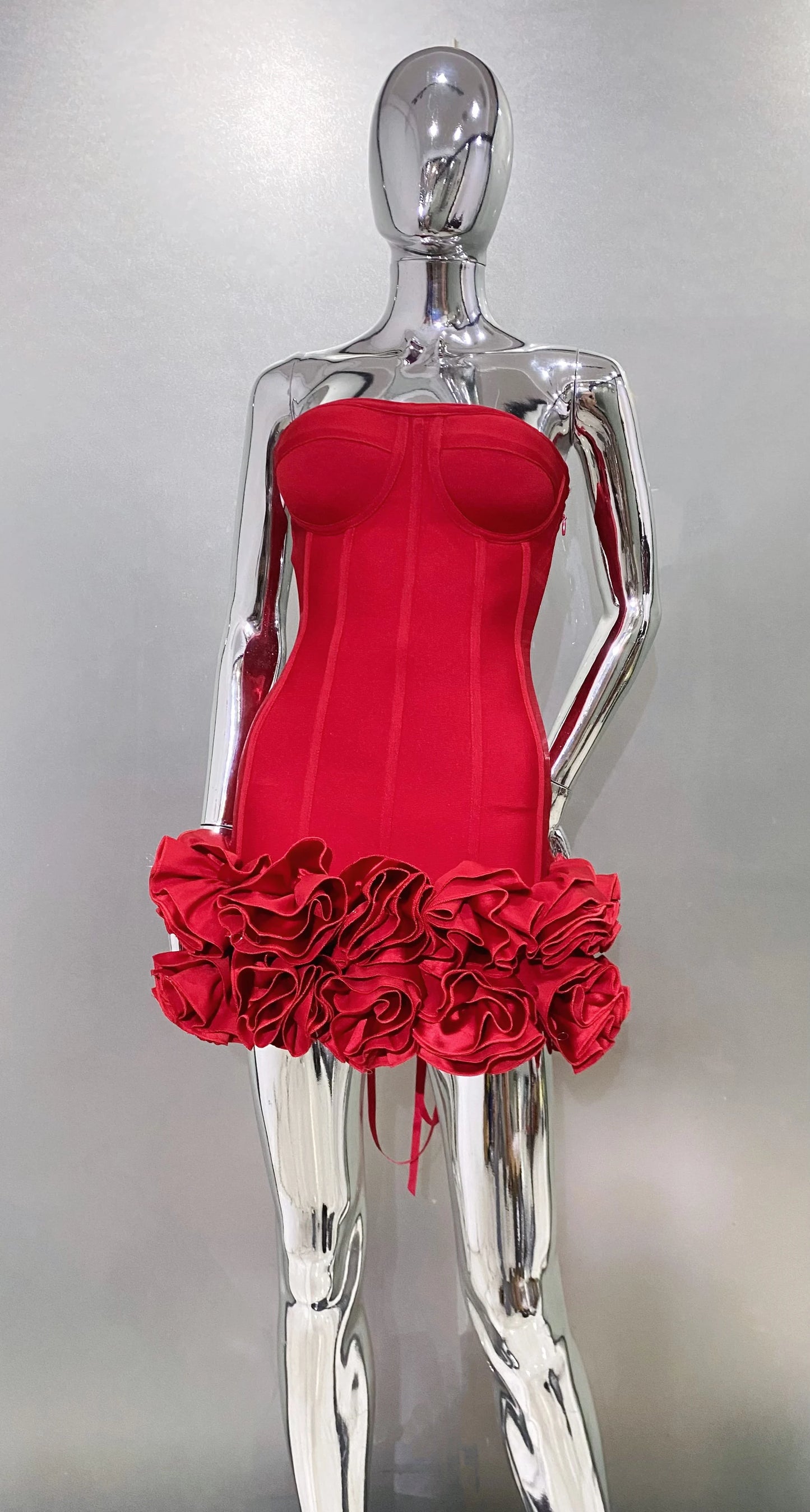 Stereoscopic Flowers Back Laceing Strapless Red Bandage Mini Evening Dress Sweet Woman Birthday Party Dress Performance costume