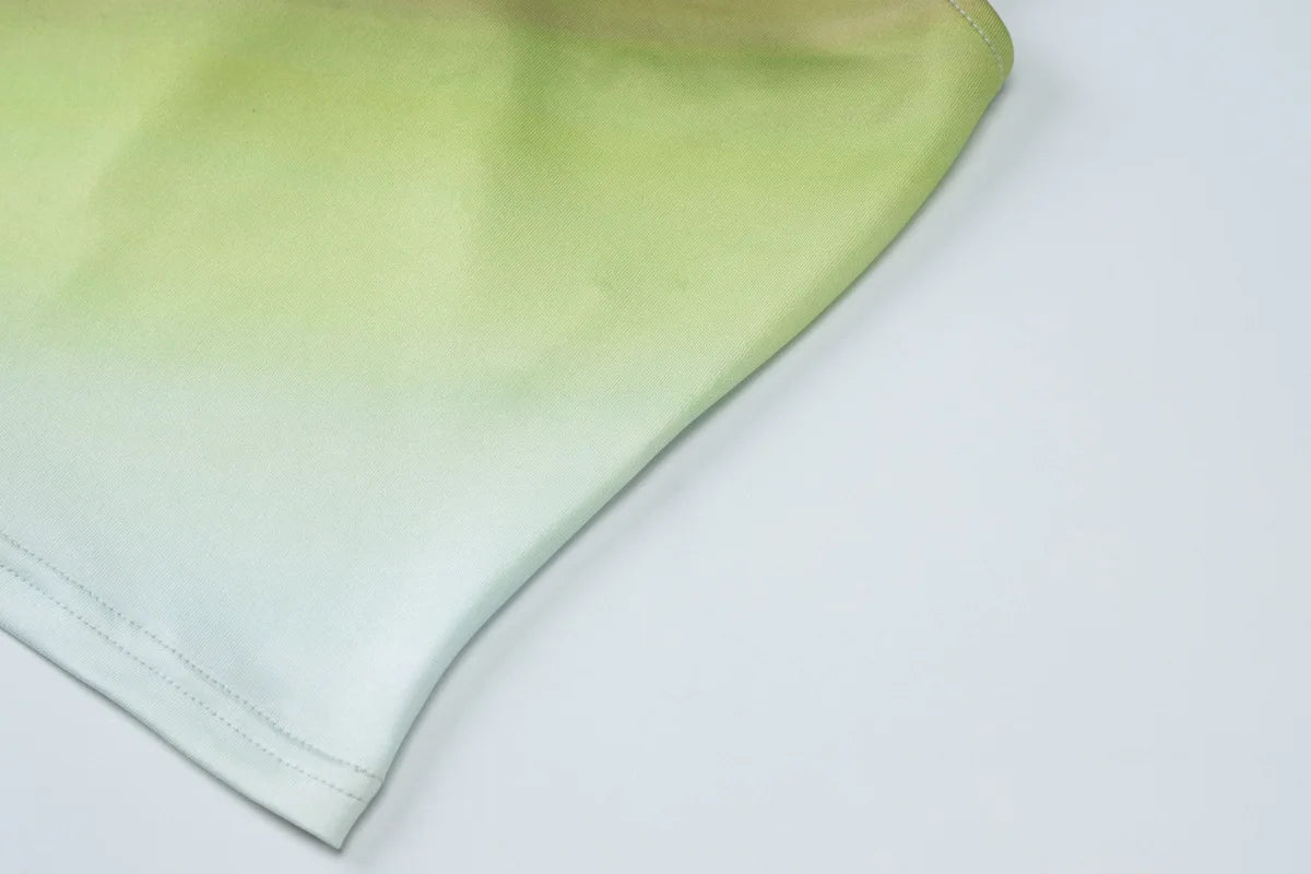 Elegant One Shoulder Green Gradient Color Vacation Beach Dress 2 Piece Set Women One Shoulder Backless Tank Top Long Skirts Suit