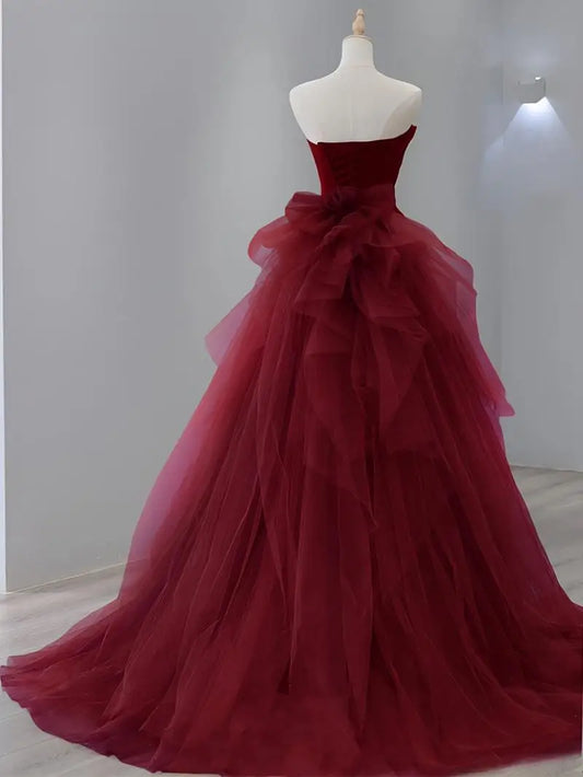 Wine Red Prom Dress Tulle Dress Off Shoulder Long Dress Princess Classic Wedding Dress 2024 Gorgeous High Quality Evening Dress