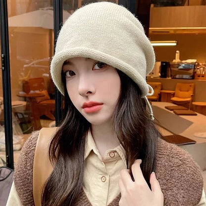 Fashion Drawstring Baggy Slouchy Beanie For Women Autumn Winter Ear Warm Skullies Cap Solid Color Bonnet Girl Kintted Woolen Hat
