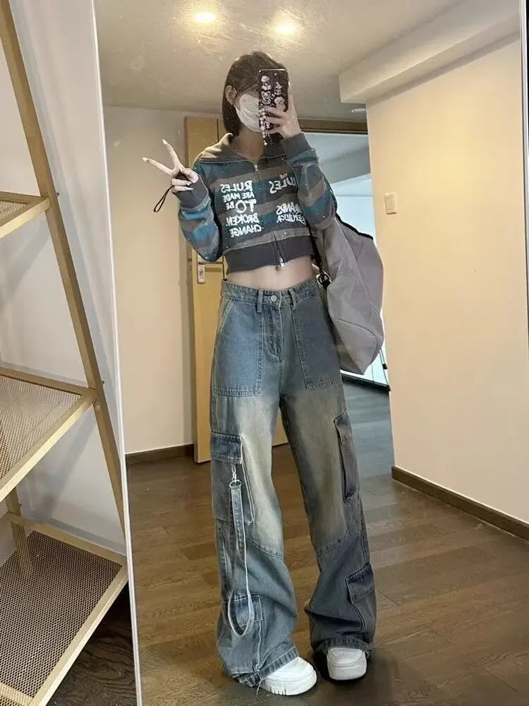 Female Jean Spliced Pockets Cargo Pants Washed Denim High Waist Full Length Jeans Loose Solid Basics Patchwork Distressed