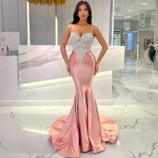 Dubai Luxury Prom Dresses Satin Mermaid/Trumpet Celebrity Dress Rose Pink Sweetheart Rhinestones Pleat Ruched Party Dress Long